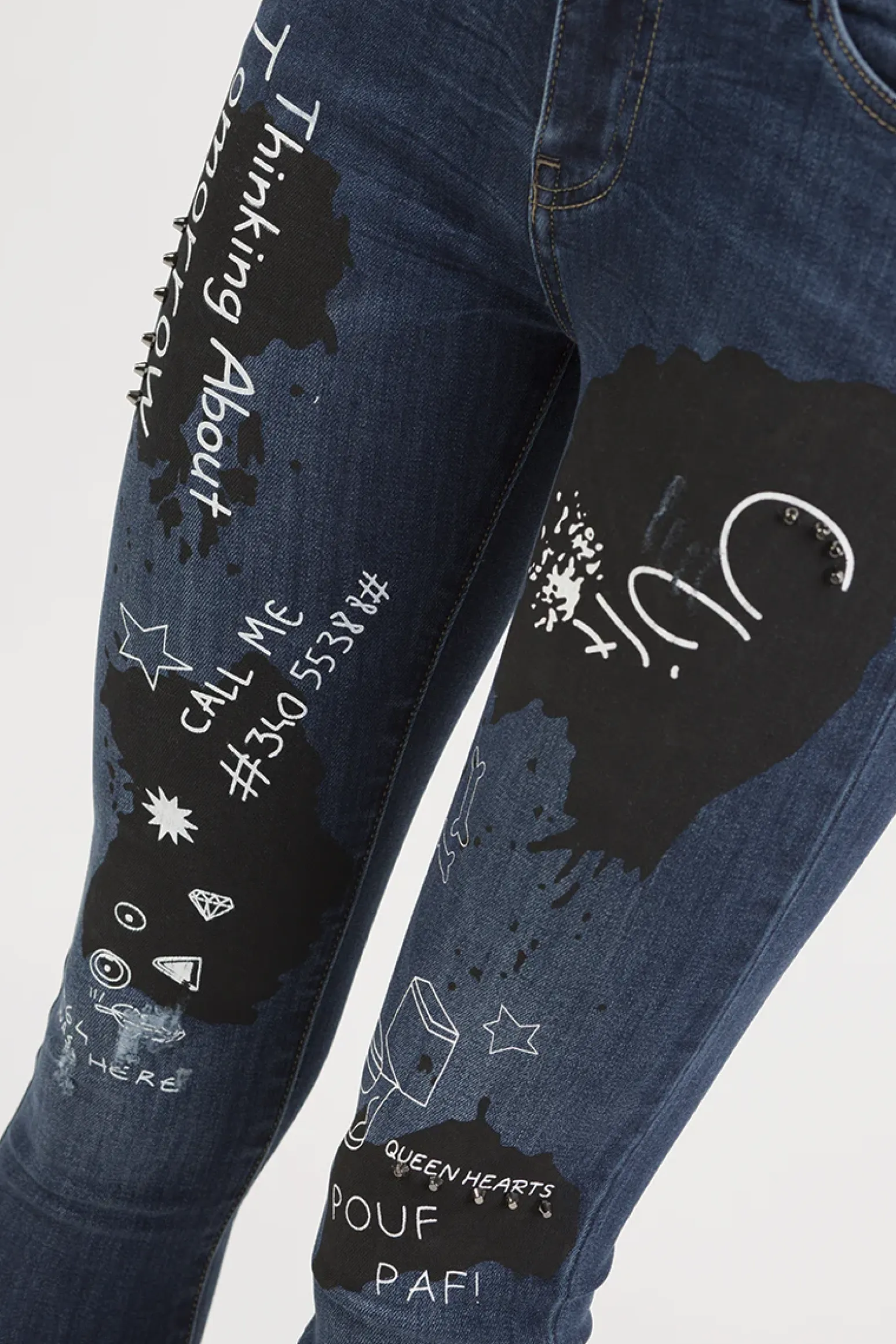 Rebellious Fashion Indigo Mid Rise Slogan Studded Jeans - Kayleigh