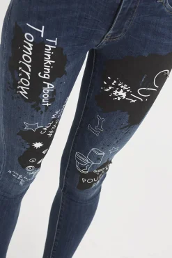 Rebellious Fashion Indigo Mid Rise Slogan Studded Jeans - Kayleigh