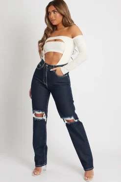 Rebellious Fashion Indigo Mid Wash Denim Distressed Knee Extra Long Jeans - Ivelisse