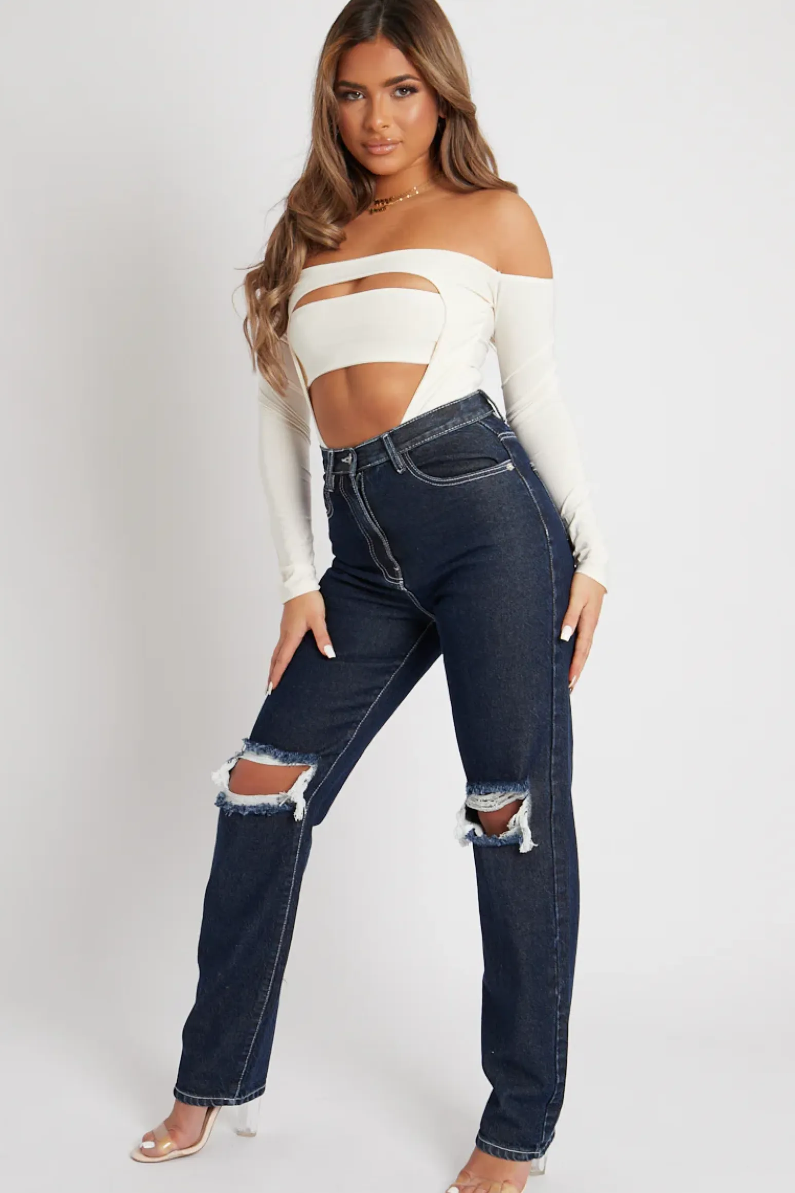 Rebellious Fashion Indigo Mid Wash Denim Distressed Knee Extra Long Jeans - Ivelisse