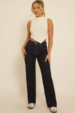 Rebellious Fashion Indigo Stretch Straight Leg Frayed Hem Jeans - Scarlett
