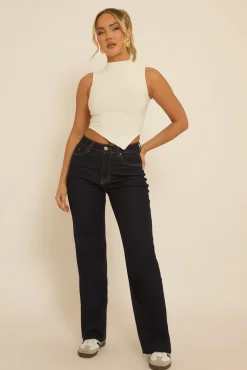 Rebellious Fashion Indigo Stretch Straight Leg Frayed Hem Jeans - Scarlett