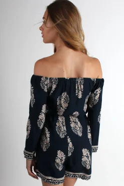 Rebellious Fashion Isobel Off The Shoulder Navy Paisley Print Playsuit