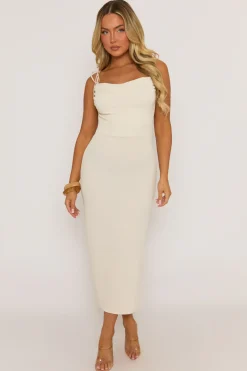 Rebellious Fashion Ivory Cowl Draped Midaxi Slip Dress - Kamala