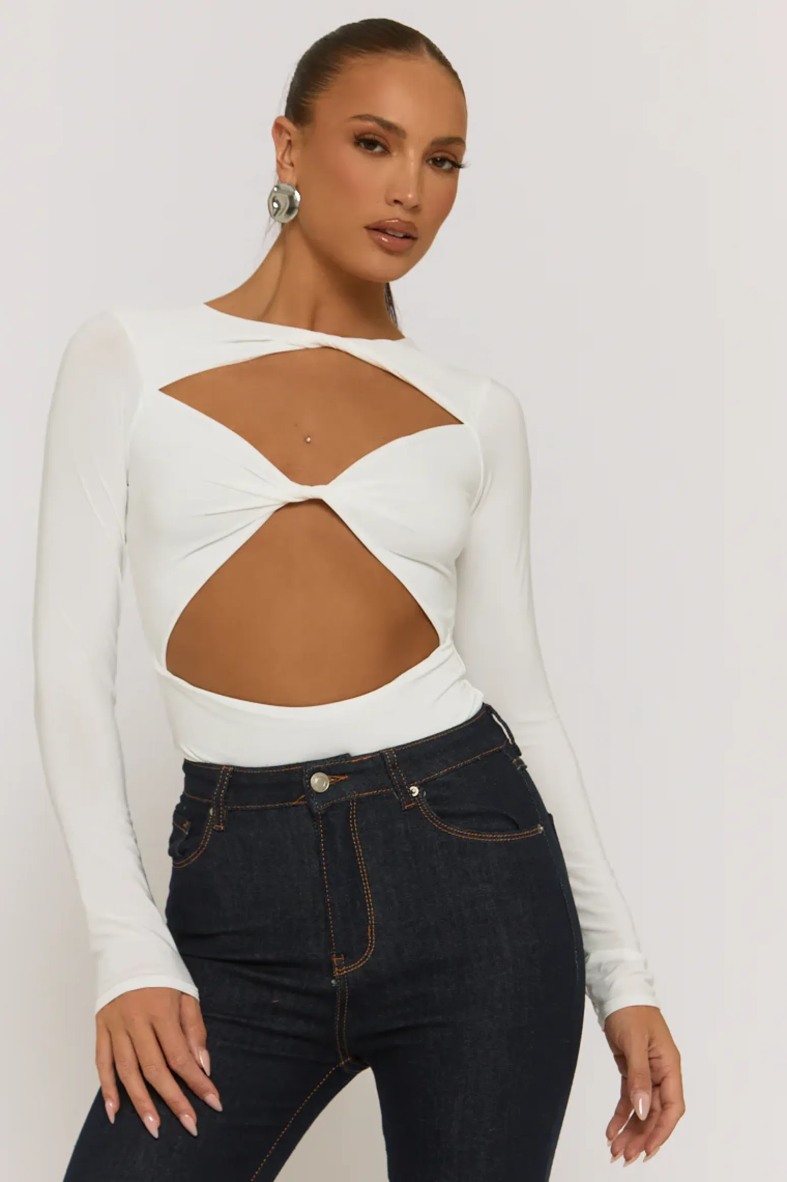 Rebellious Fashion Ivory Cut Out Twist Front Bodysuit - Raisa