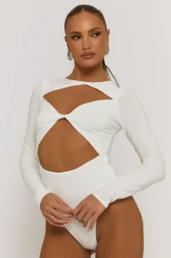 Rebellious Fashion Ivory Cut Out Twist Front Bodysuit - Raisa