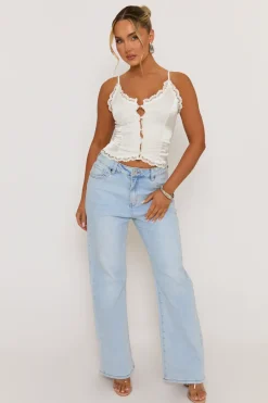 Rebellious Fashion Ivory Satin Lace Trim Button Down Cami - Sanya