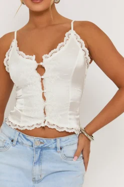 Rebellious Fashion Ivory Satin Lace Trim Button Down Cami - Sanya