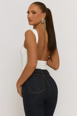 Rebellious Fashion Ivory Slash Neck Open Back Bodysuit - Aliona
