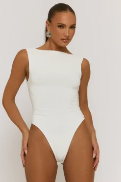 Rebellious Fashion Ivory Slash Neck Open Back Bodysuit - Aliona