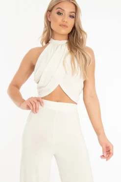 Rebellious Fashion Ivory Slinky Halterneck Wrap Top - Giovanna