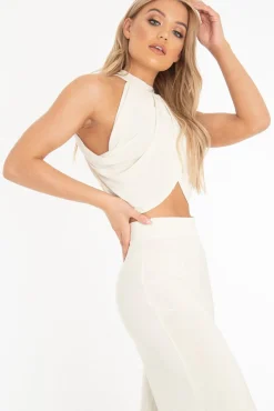 Rebellious Fashion Ivory Slinky Halterneck Wrap Top - Giovanna