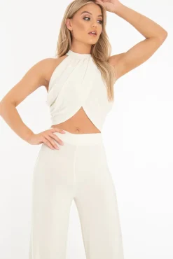 Rebellious Fashion Ivory Slinky Halterneck Wrap Top - Giovanna