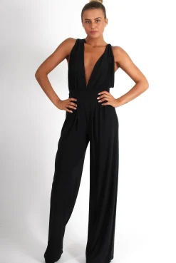 Rebellious Fashion Jan Black Deep V Jumpsuit