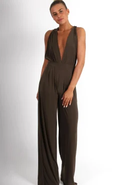 Rebellious Fashion Jan Khaki Deep V Jumpsuit
