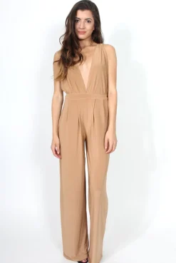 Rebellious Fashion Jan Nude Deep V Neck Jumpsuit