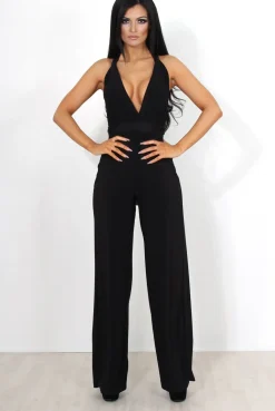 Rebellious Fashion Jano Black Deep V Plunge Jumpsuit