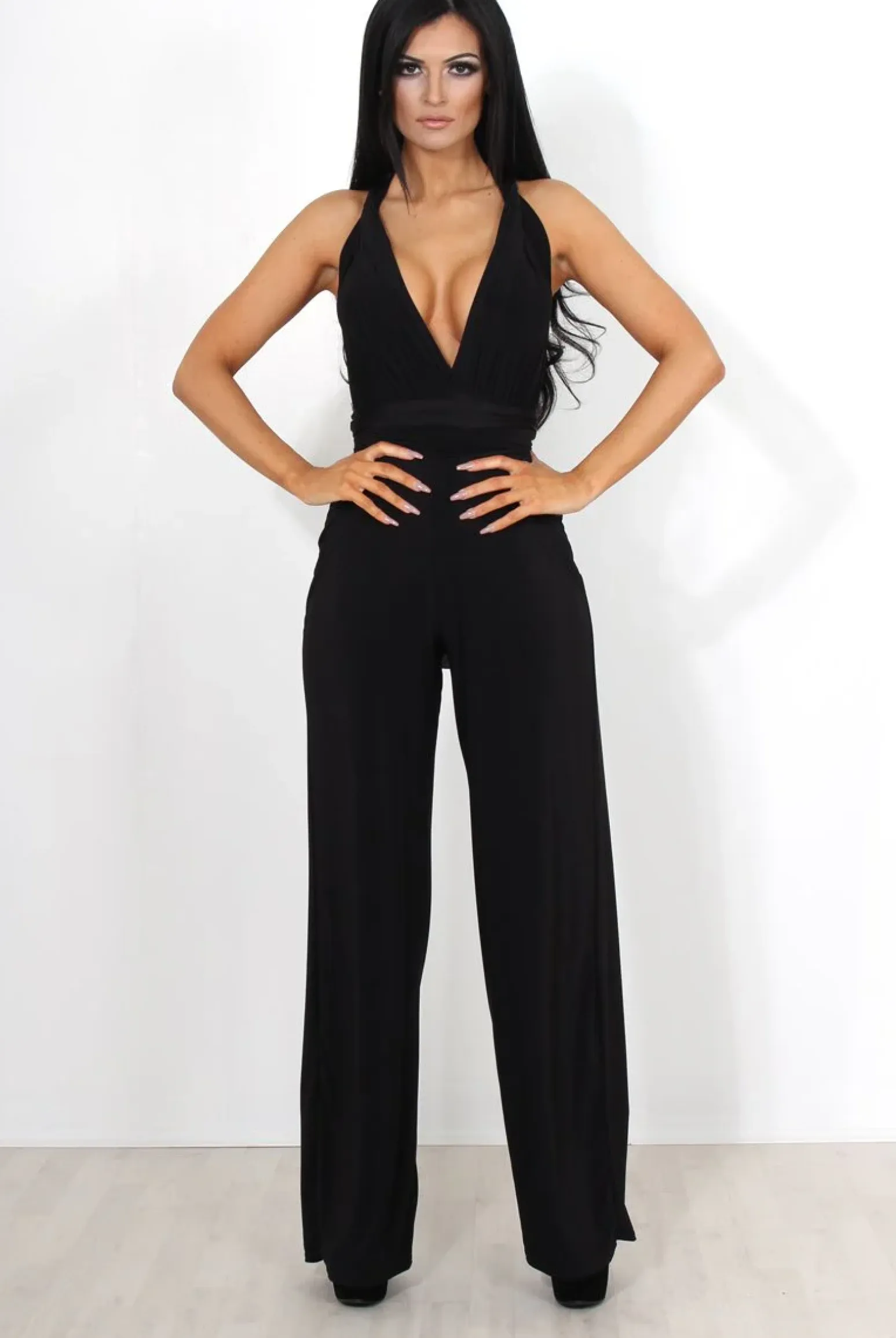 Rebellious Fashion Jano Black Deep V Plunge Jumpsuit