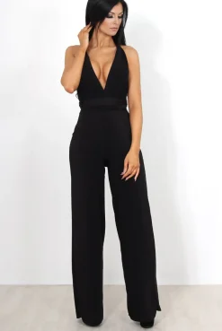 Rebellious Fashion Jano Black Deep V Plunge Jumpsuit