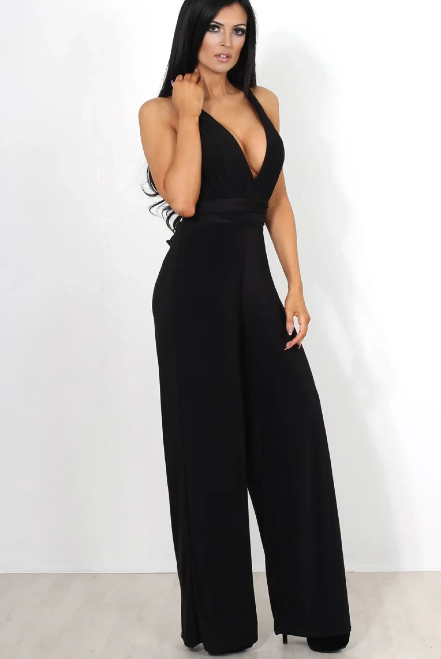 Rebellious Fashion Jano Black Deep V Plunge Jumpsuit