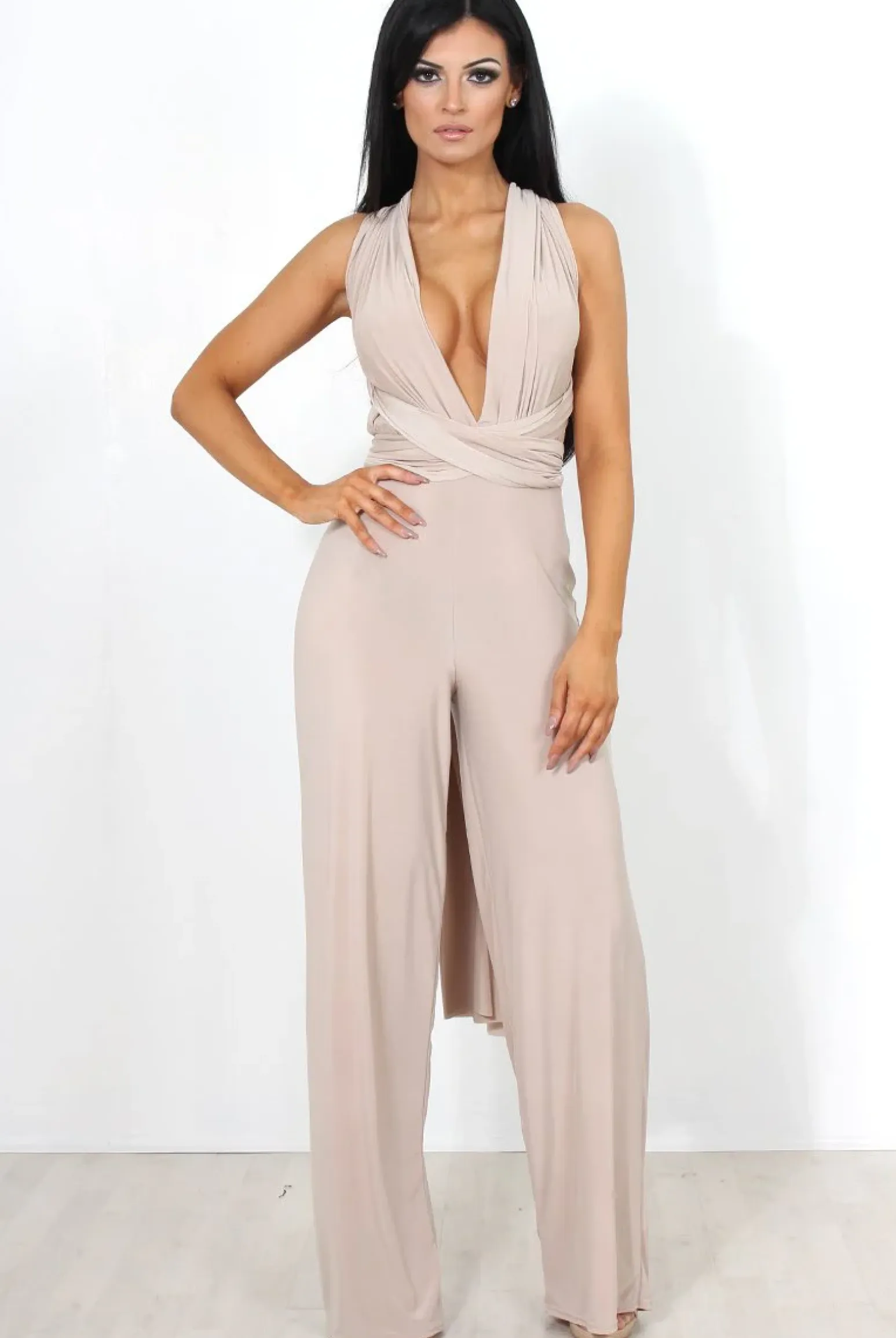 Rebellious Fashion Jano Nude Deep V Plunge Jumpsuit