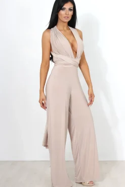 Rebellious Fashion Jano Nude Deep V Plunge Jumpsuit
