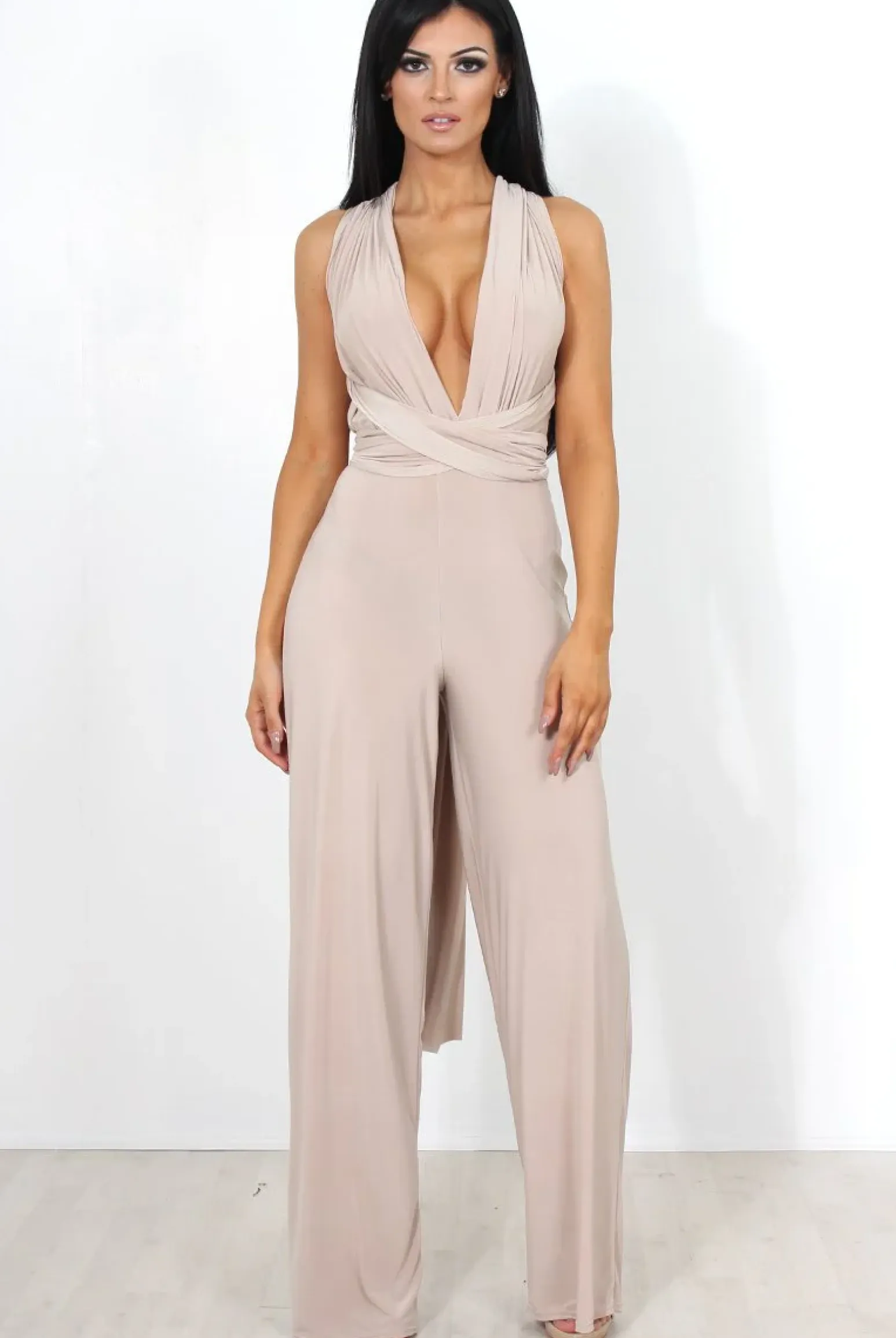 Rebellious Fashion Jano Nude Deep V Plunge Jumpsuit