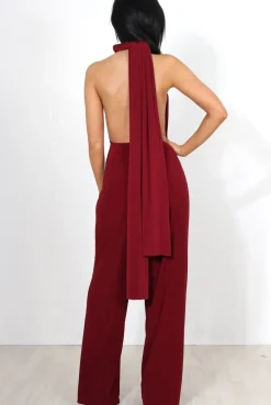 Rebellious Fashion Jano Wine Deep V Plunge Jumpsuit