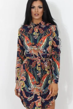 Rebellious Fashion Jennifer Navy Paisley Print Shirt Dress