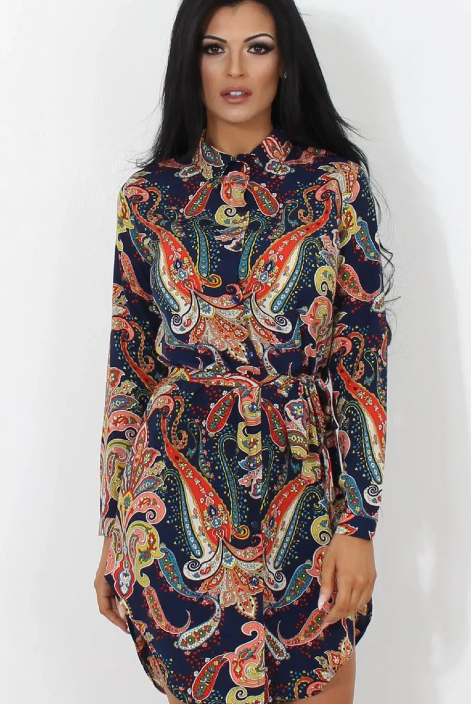 Rebellious Fashion Jennifer Navy Paisley Print Shirt Dress