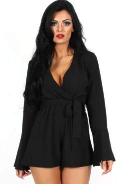 Rebellious Fashion Julia Black Bell Sleeve Tie Waist Playsuit
