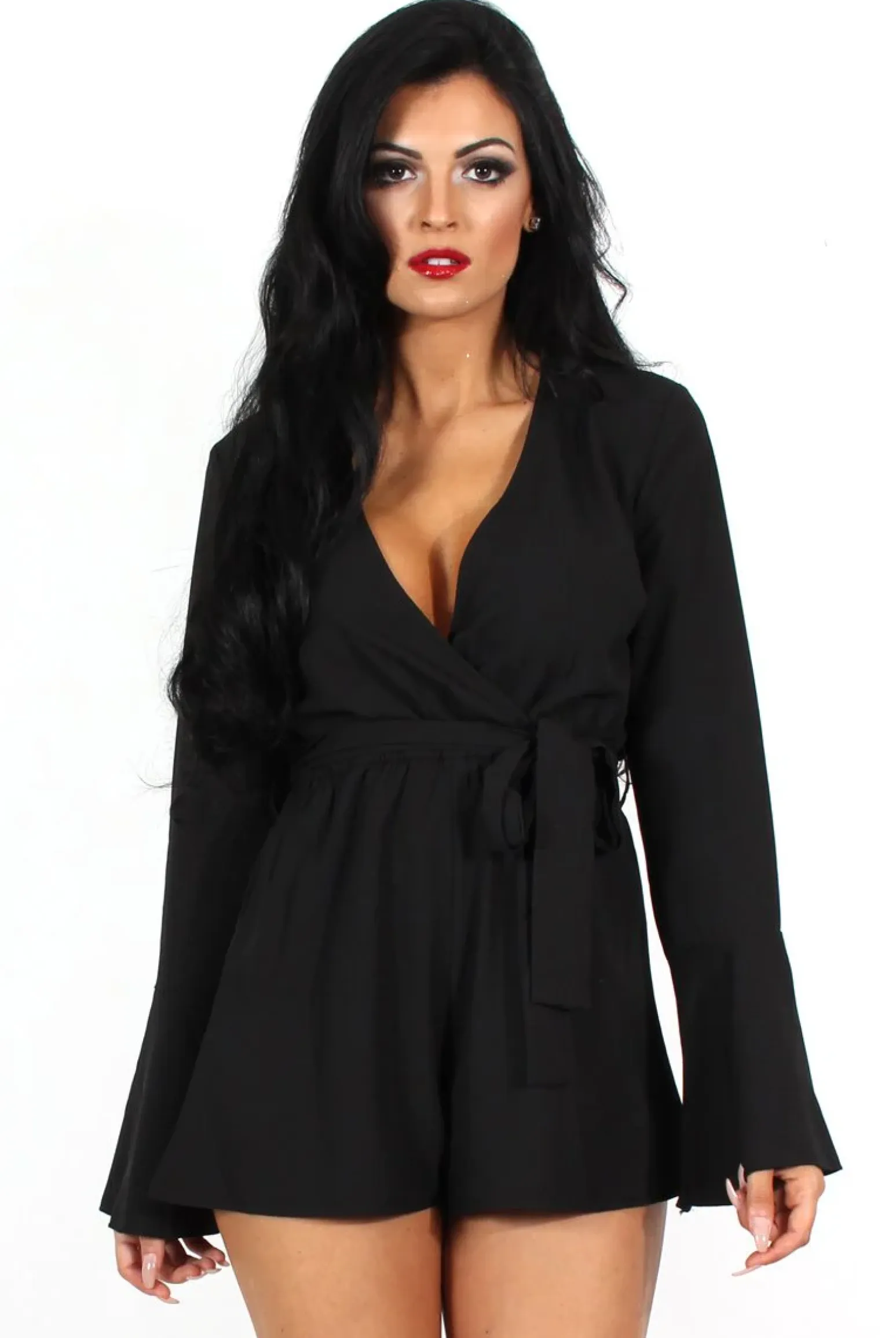 Rebellious Fashion Julia Black Bell Sleeve Tie Waist Playsuit