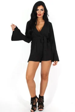 Rebellious Fashion Julia Black Bell Sleeve Tie Waist Playsuit