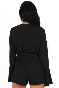 Rebellious Fashion Julia Black Bell Sleeve Tie Waist Playsuit