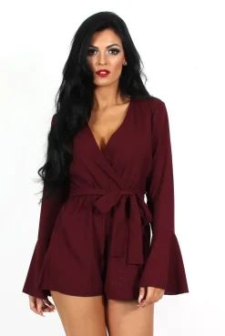 Rebellious Fashion Julia Burgundy Bell Sleeve Tie Playsuit