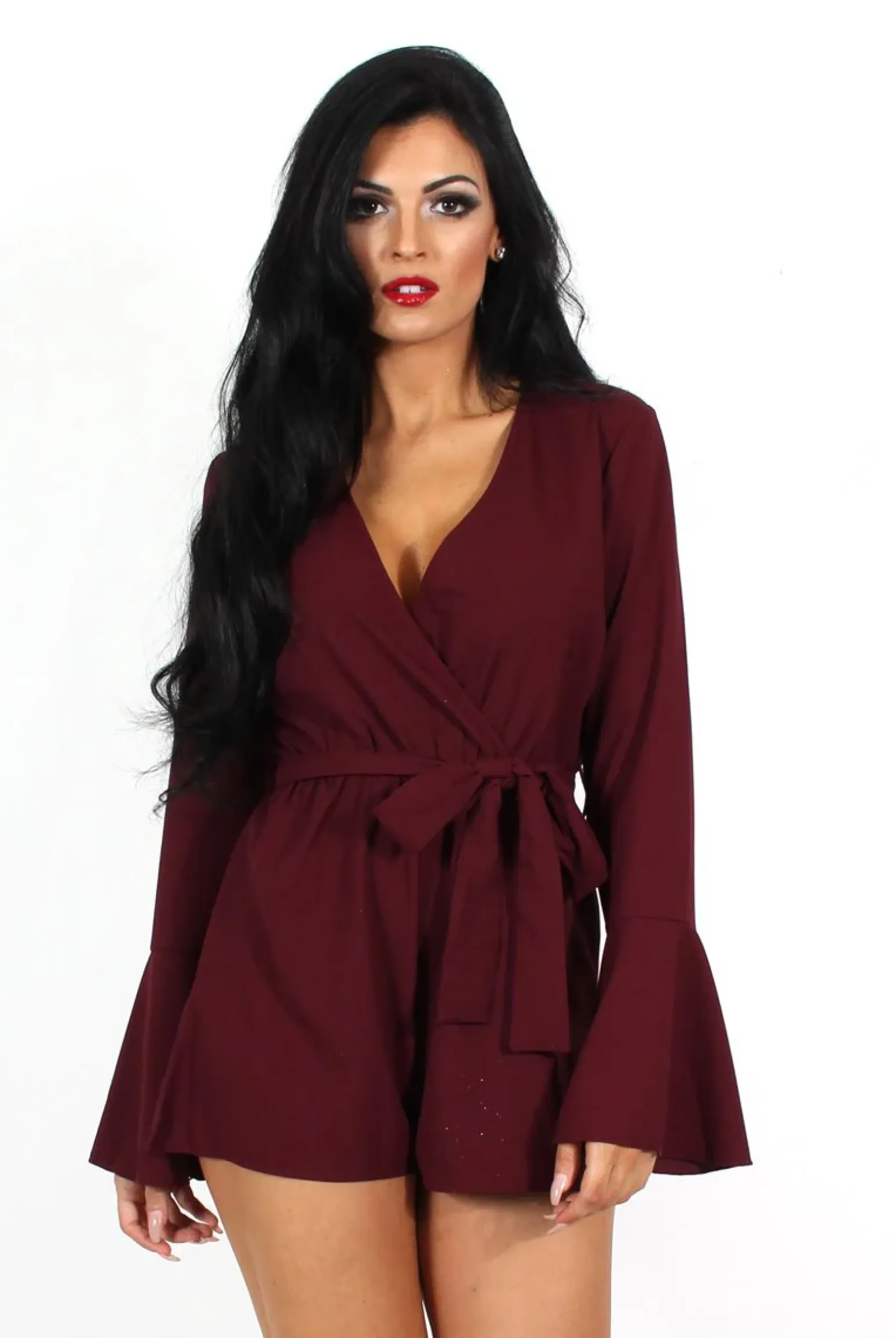 Rebellious Fashion Julia Burgundy Bell Sleeve Tie Playsuit
