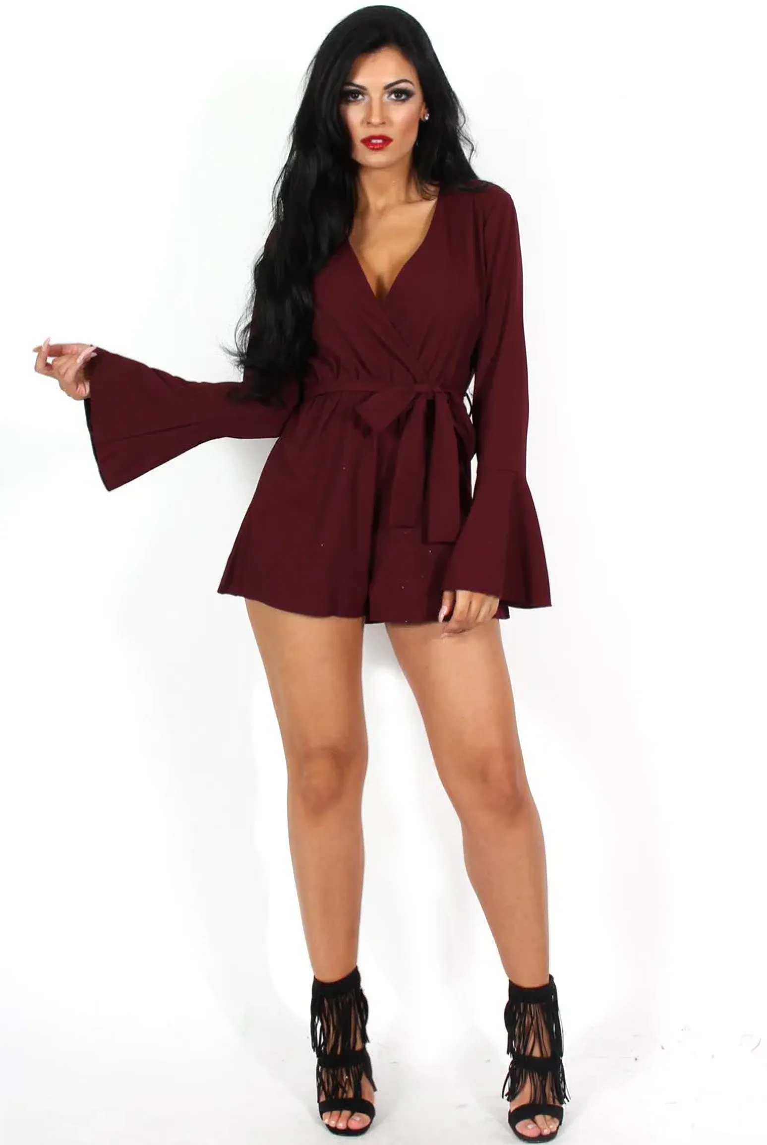 Rebellious Fashion Julia Burgundy Bell Sleeve Tie Playsuit