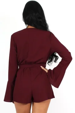 Rebellious Fashion Julia Burgundy Bell Sleeve Tie Playsuit