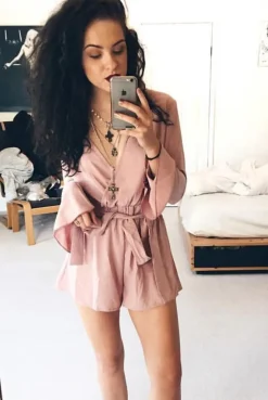 Rebellious Fashion Julia Mauve Bell Sleeve Tie Waist Playsuit