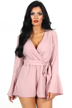 Rebellious Fashion Julia Mauve Bell Sleeve Tie Waist Playsuit