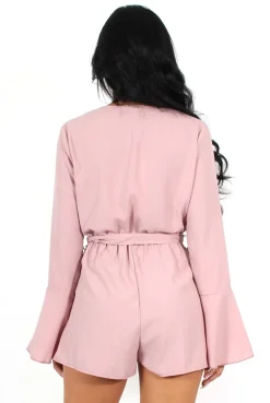 Rebellious Fashion Julia Mauve Bell Sleeve Tie Waist Playsuit
