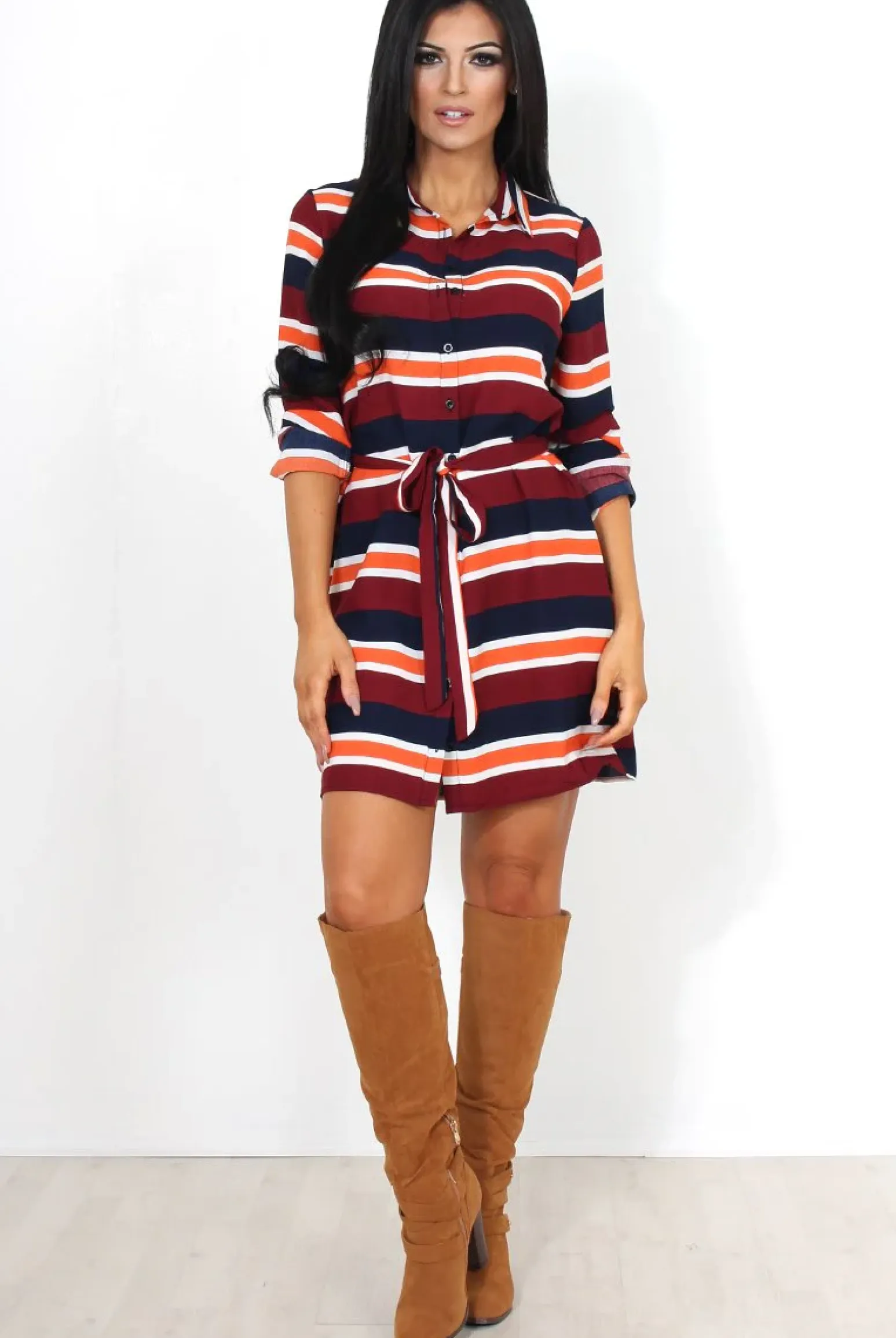 Rebellious Fashion Kamie Striped Rust Shirt Dress