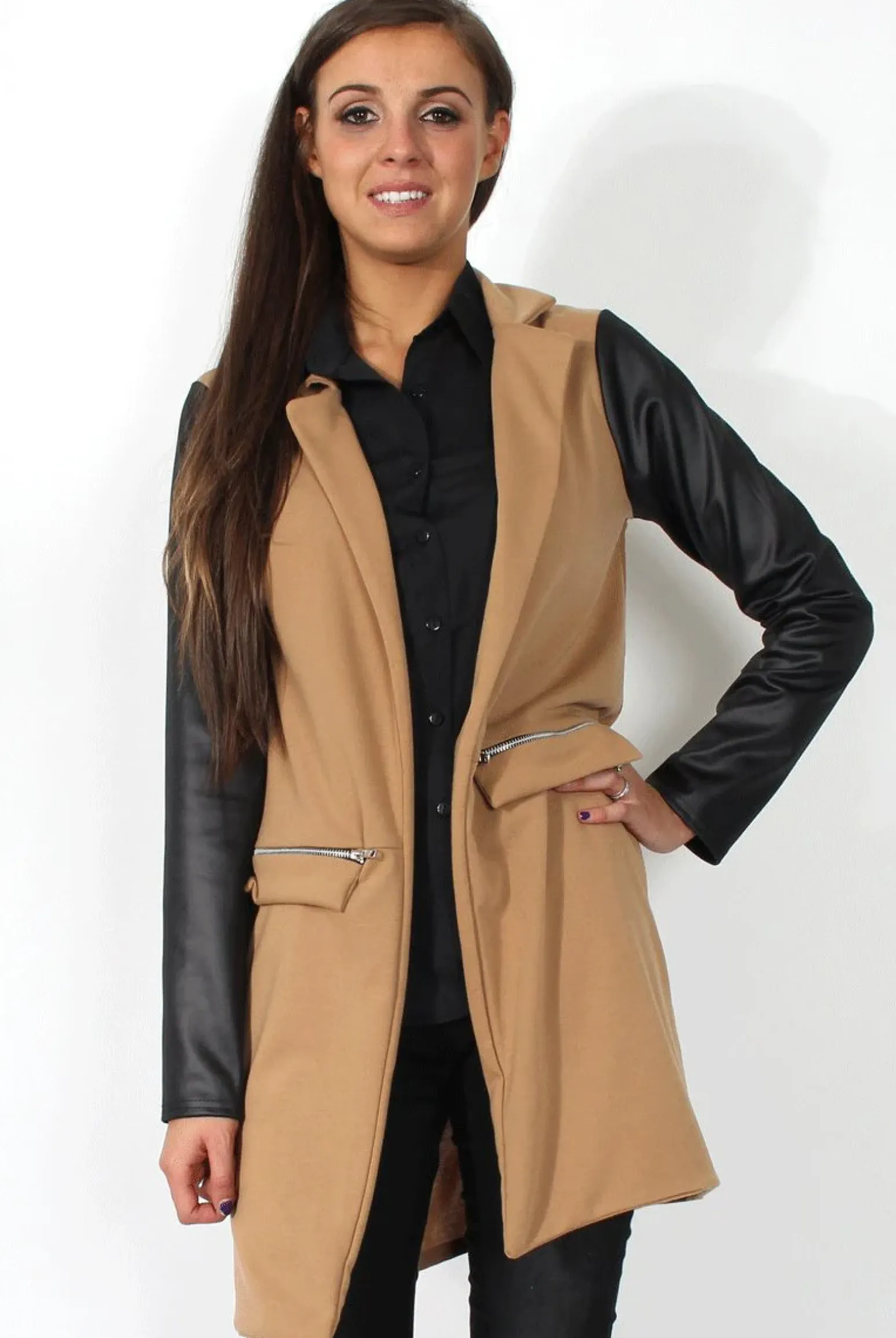 Rebellious Fashion Karina Camel PU Long Jacket