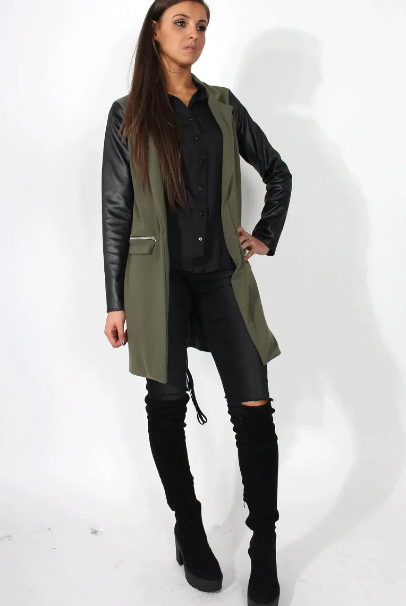 Rebellious Fashion Karina Khaki PU Long Jacket
