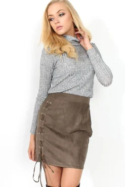 Rebellious Fashion Keely Grey Suede Tie Up Mini Skirt