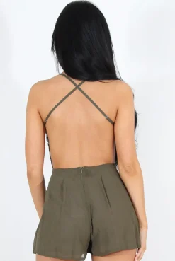 Rebellious Fashion Kendra Khaki Lace V Front Playsuit