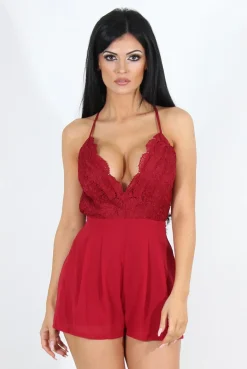 Rebellious Fashion Kendra Wine Lace V Front Playsuit