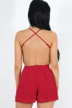 Rebellious Fashion Kendra Wine Lace V Front Playsuit