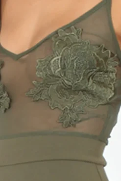 Rebellious Fashion Khaki Applique Mesh Bodycon Dress - Tallulah