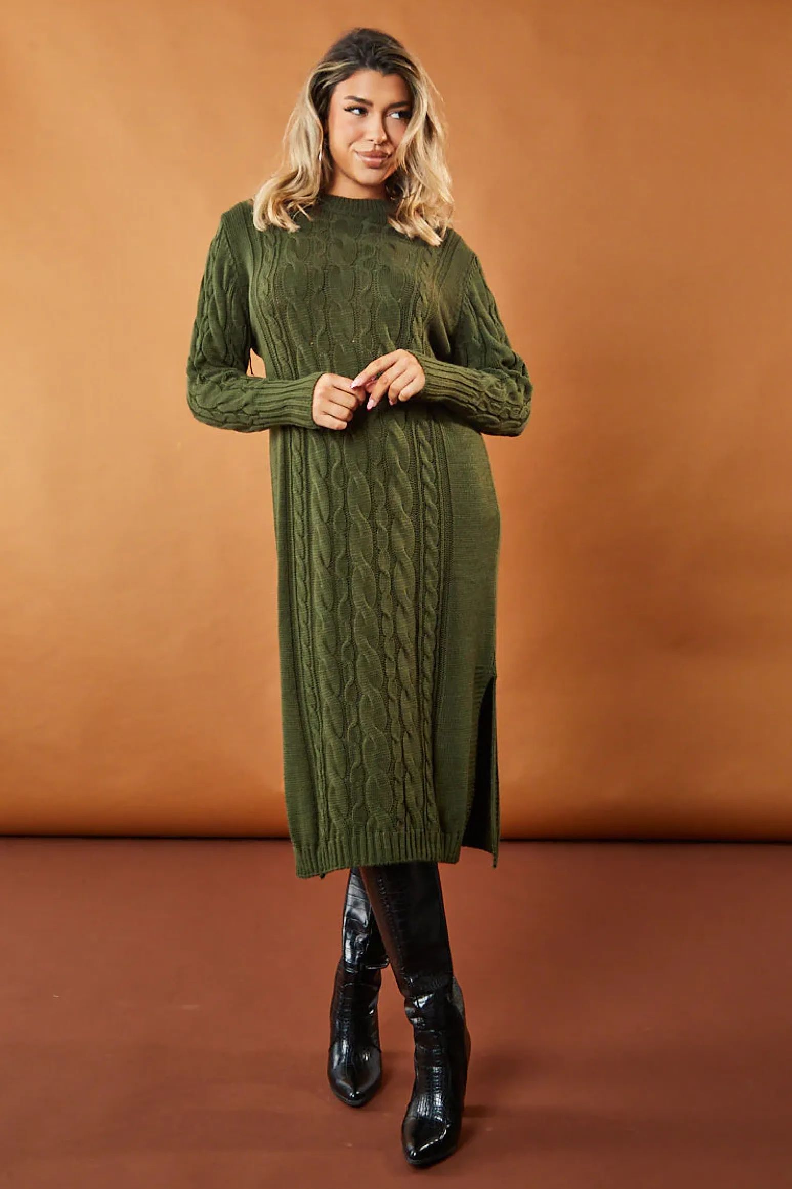 Rebellious Fashion Khaki Cabled Knit Oversized Midi Dress - Susan